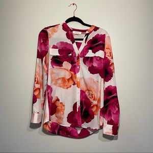 Womens Calvin Klein Floral Pink Button Spring Summer Business Shirt Size M.